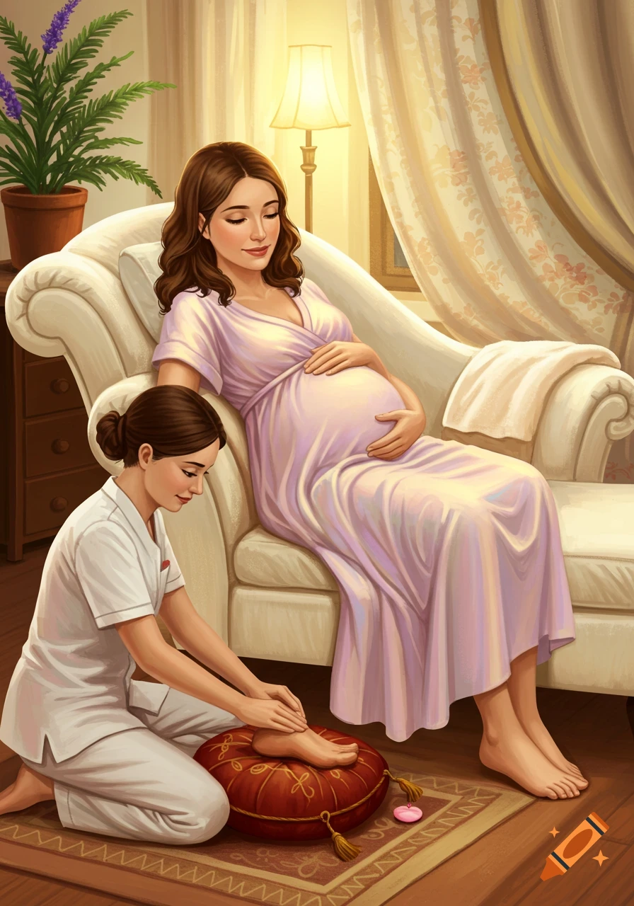 Pregnant woman relaxing on a sofa as a person gives her a foot massage, in a warm, illustrated style.