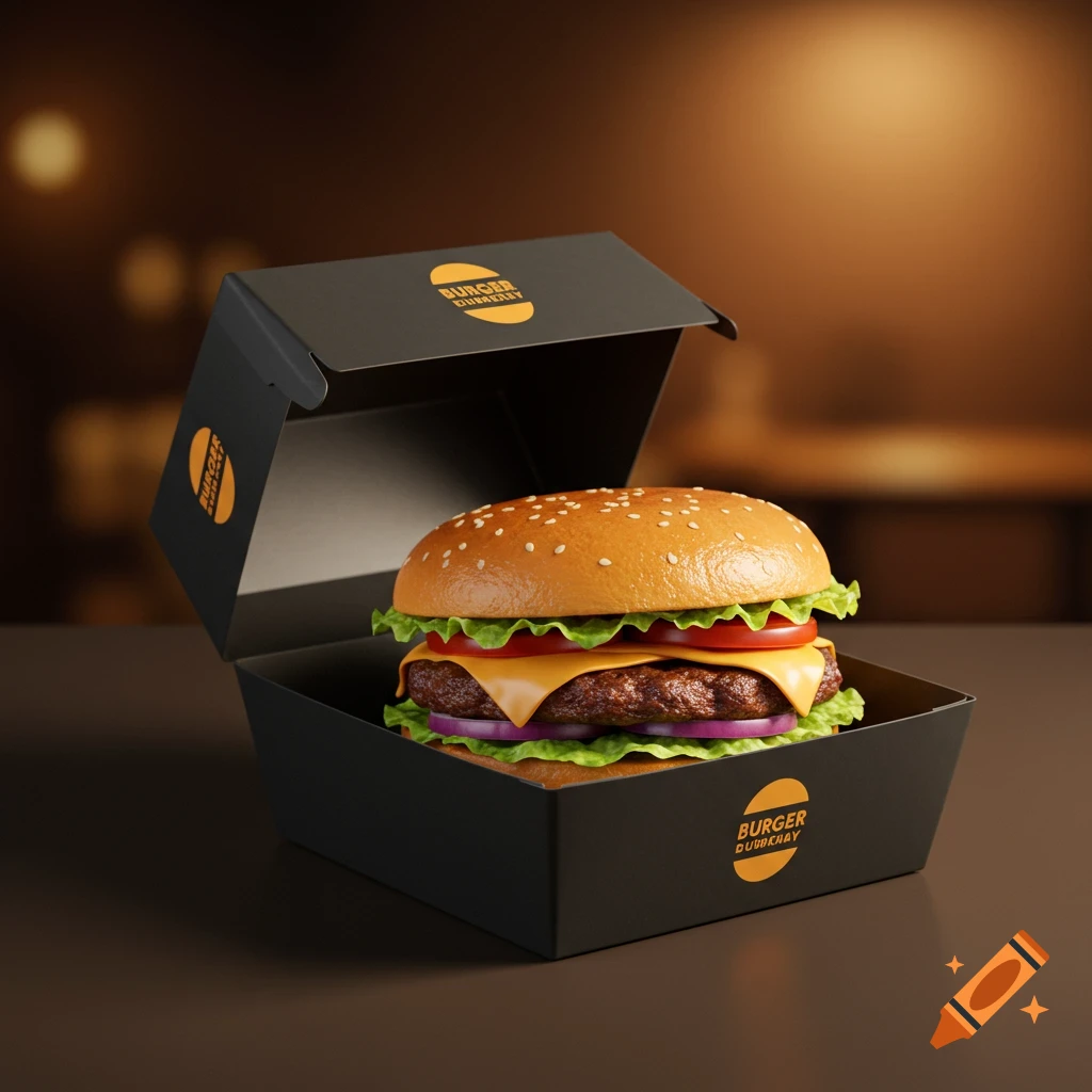 A photorealistic cheeseburger with lettuce, tomato, and red onion in an open black takeout box with a brand logo.