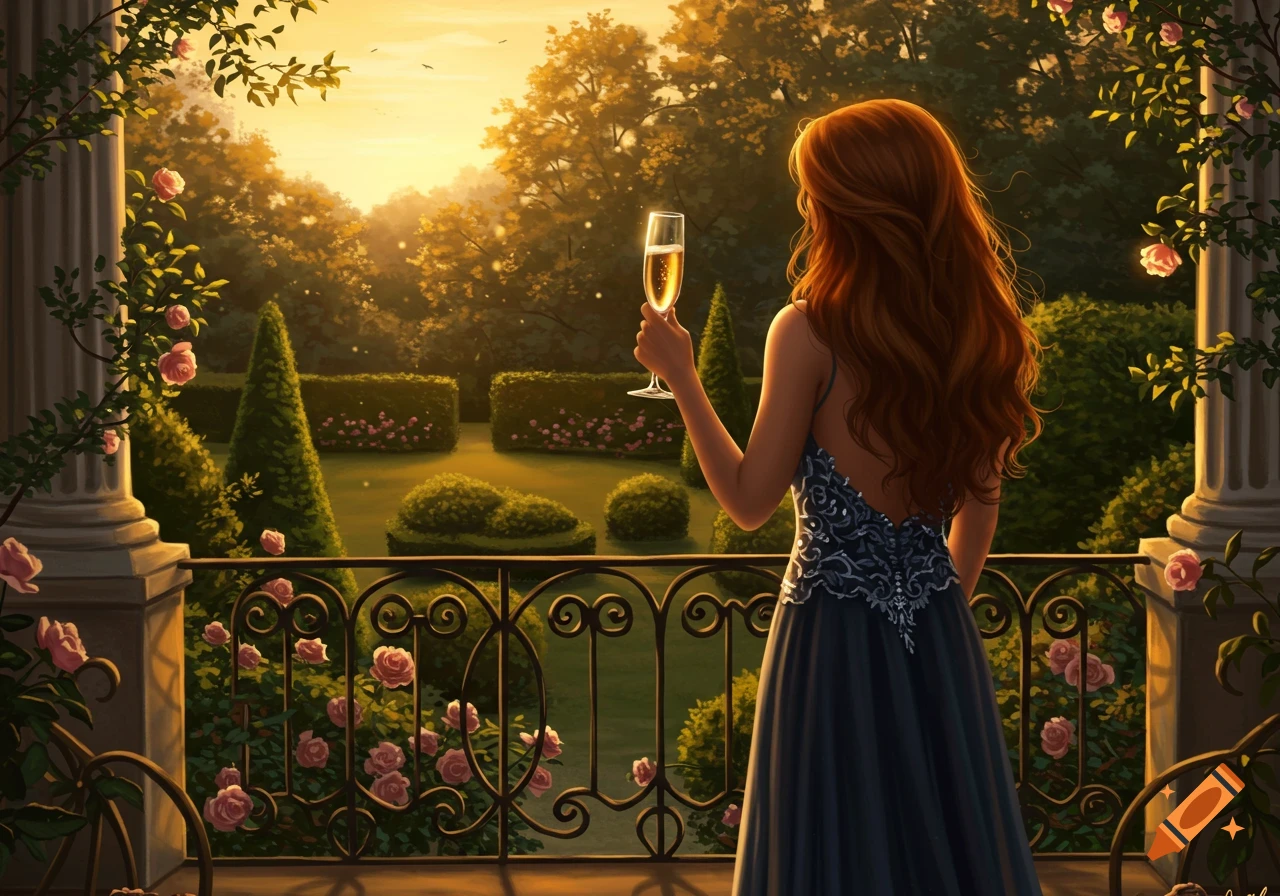 An elegant woman on a balcony holds a champagne glass, gazing at a lush garden during a golden sunset, in a stylized illustration.