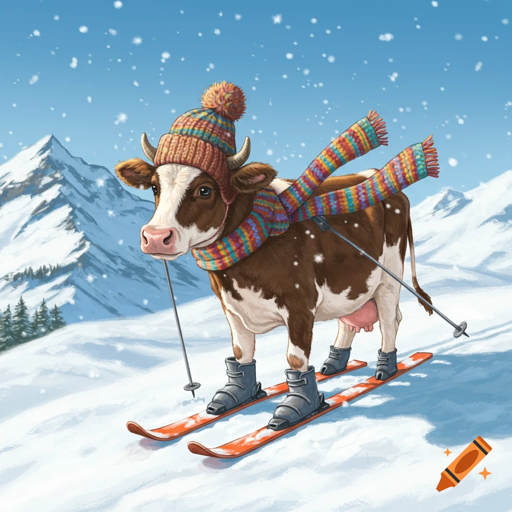 A cartoon cow wearing a colorful knitted hat and striped scarf skis down a snowy mountain, holding ski poles.