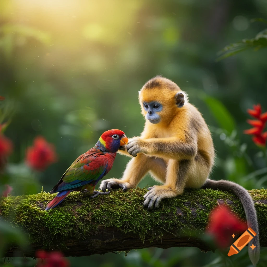 A baby golden snub-nosed monkey and a vibrant parrot touch beaks on a mossy jungle branch, bathed in soft sunlight.