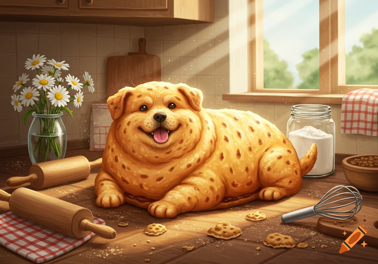 A happy, chunky biscuit dog with chocolate chip spots smiles on a sunny wooden kitchen counter, surrounded by rolling pins, flour, and cookies.