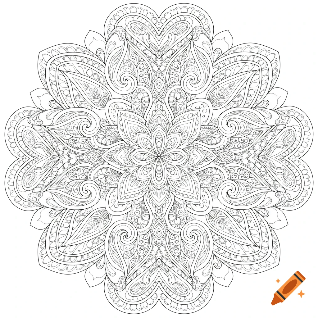An intricate, symmetrical black and white mandala line drawing, suitable for a coloring page.