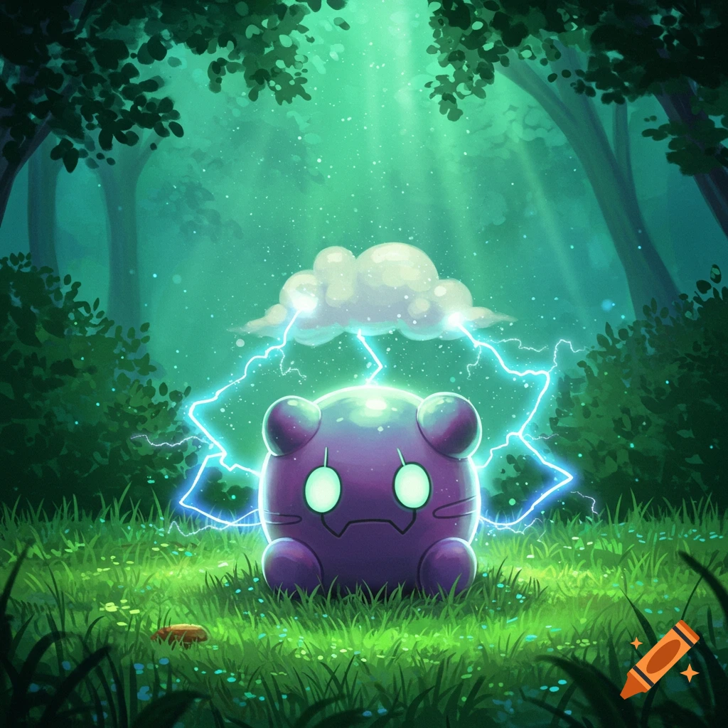 A cute, round, purple creature with glowing eyes is struck by lightning from a cloud in a lush green forest, stylized digital art.