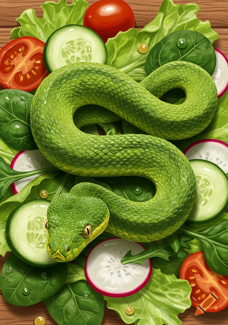 A vibrant green snake coiled on a colorful salad with lettuce, spinach, cucumber, tomato, and radish slices, on a wooden background. Illustration.