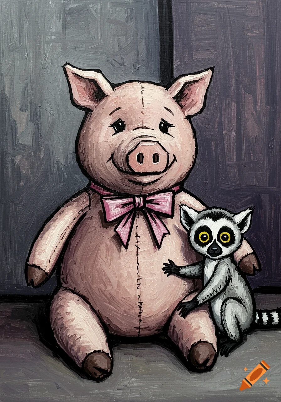 A painted stuffed pig with a pink bow and a small lemur beside it, hand on the pig's knee, in Bernard Buffet style.