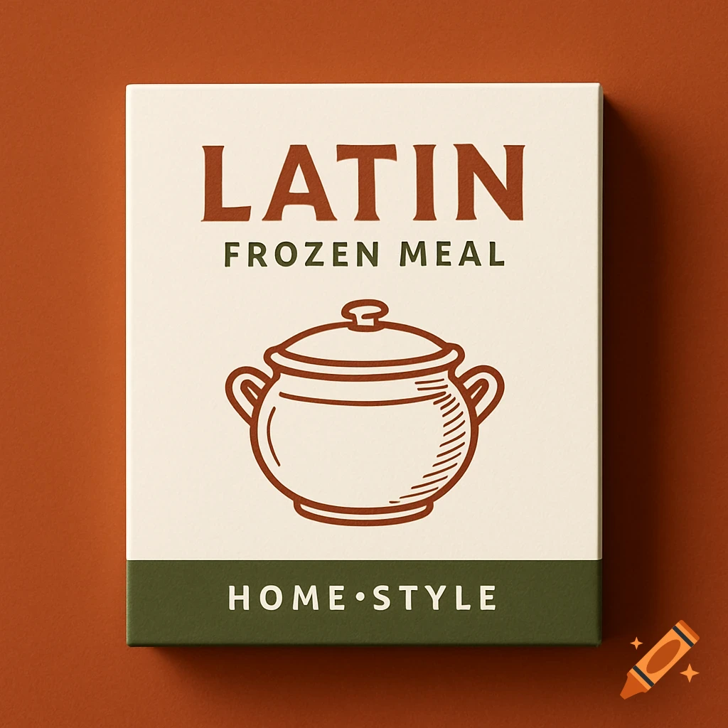 Minimalist Latin frozen meal package with a line art pot icon and 'Home Style' text, on an earthy brown background.