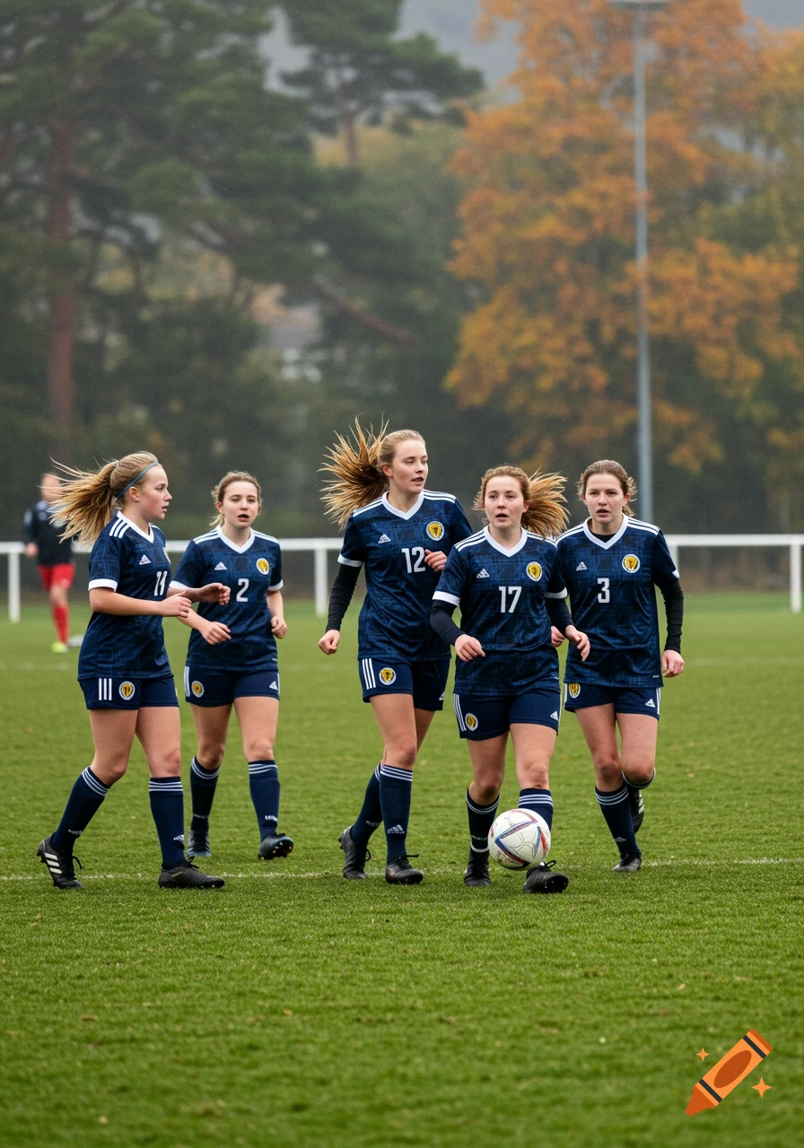 A Scottish girls' football team in blue jerseys runs on a green field during a game, with one player dribbling the ball.
