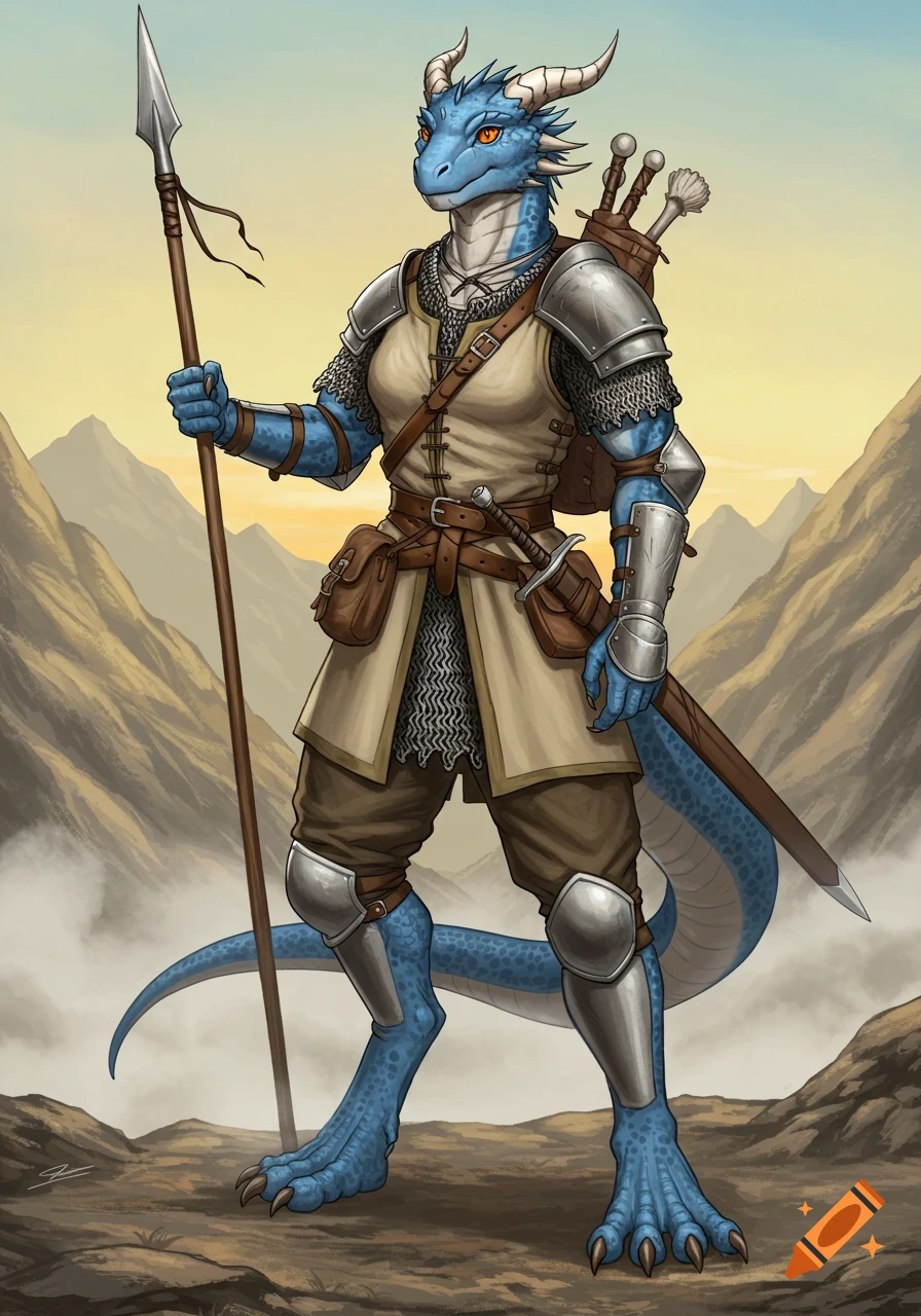 A detailed illustration of a blue female dragonborn warrior in armor, holding a spear in a mountainous landscape.
