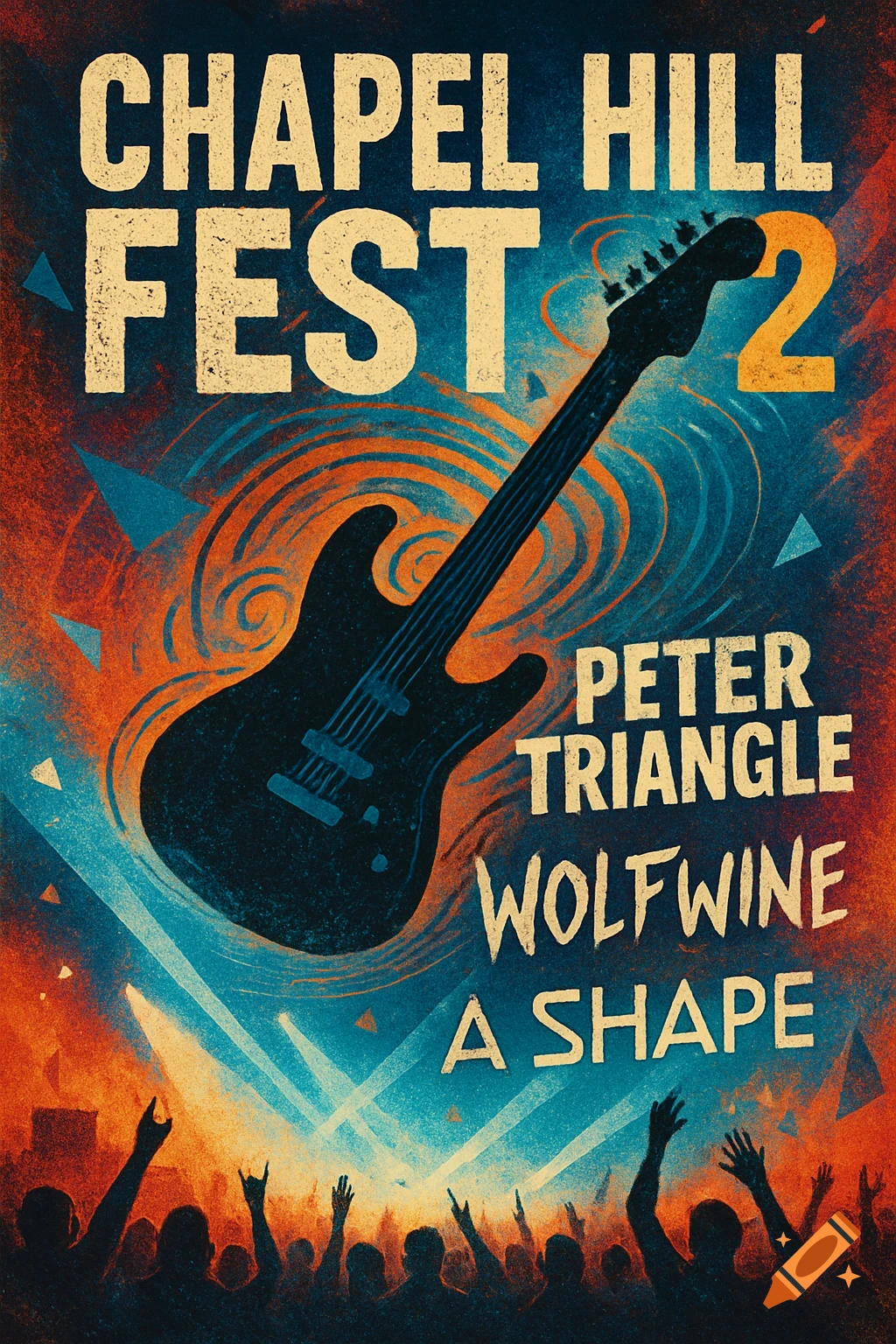 A distressed rock music festival poster in blue and orange featuring an electric guitar, event title, band names, and a silhouetted crowd.
