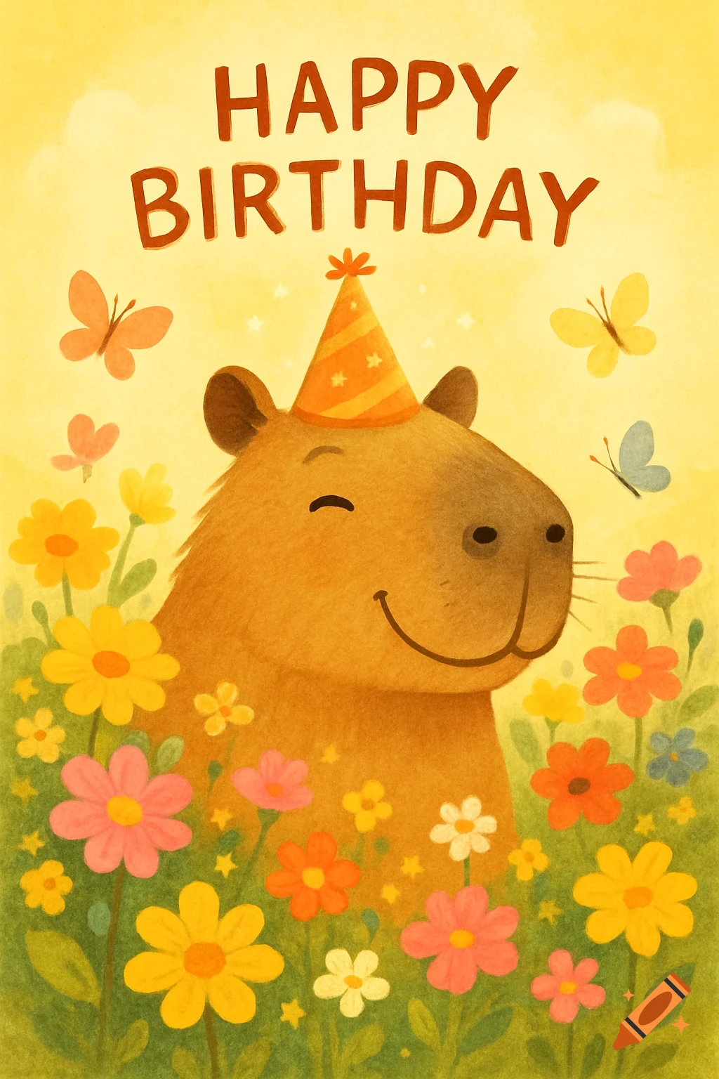 A cute watercolor illustration of a capybara wearing a party hat, smiling amidst colorful flowers, with "HAPPY BIRTHDAY" text.