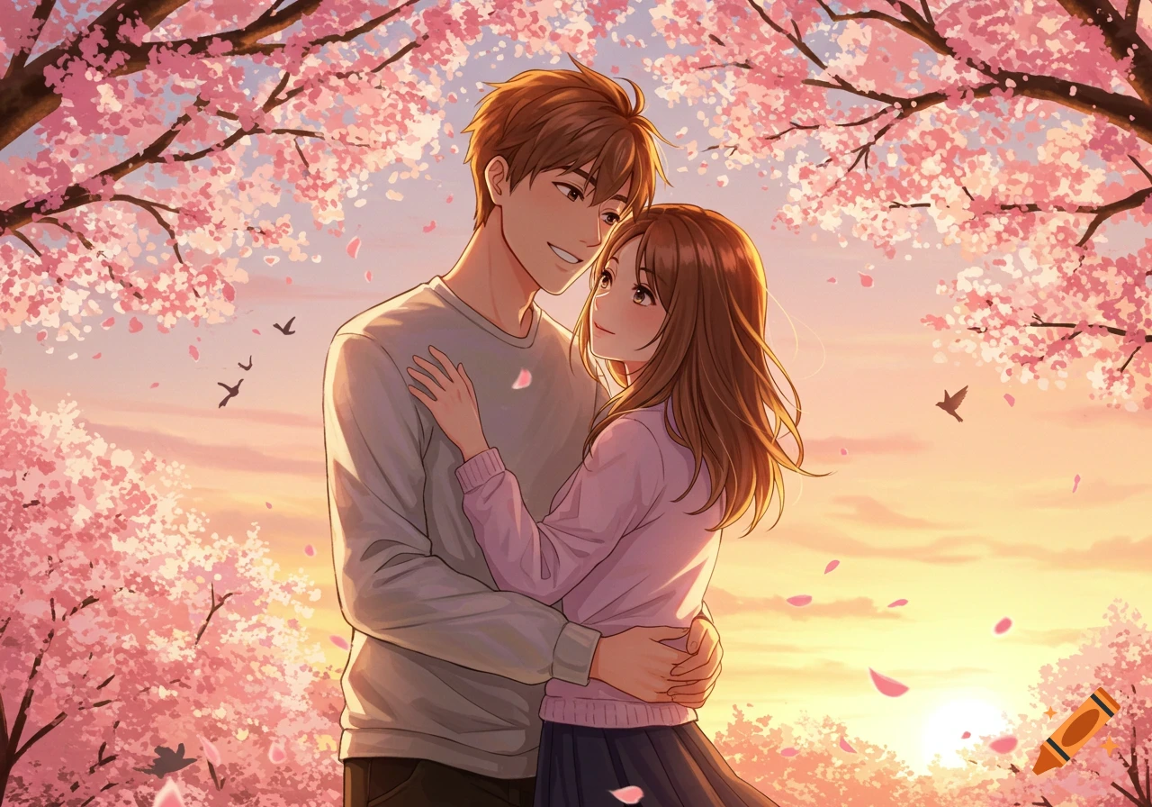 An anime couple embraces under pink cherry blossom trees at sunset.