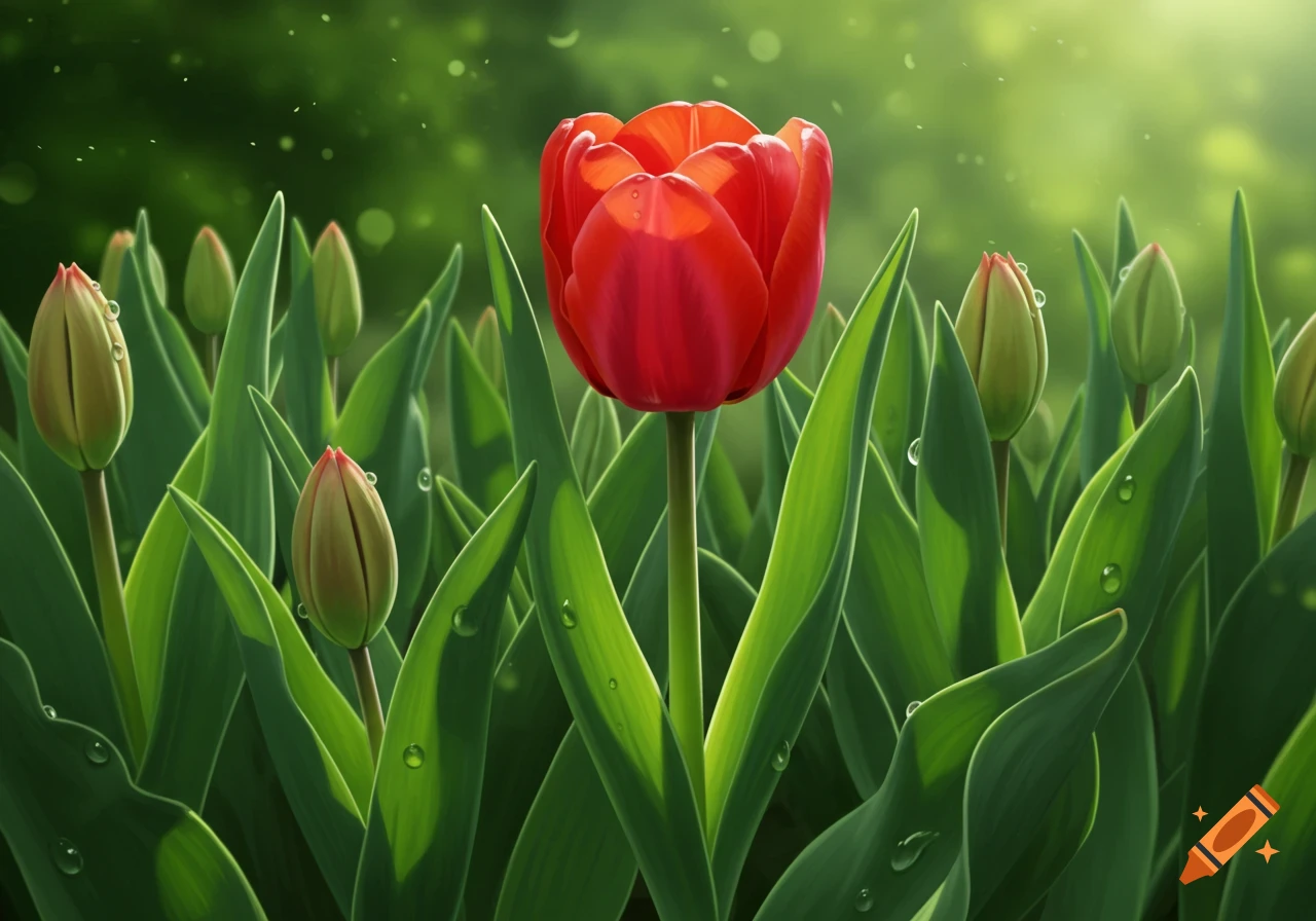 A vibrant red tulip stands tall among green leaves and buds with water droplets, against a soft green background, photorealistic style.