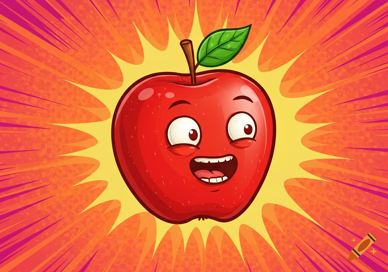 A happy, wide-eyed cartoon apple with a stem and leaf, against a vibrant orange and yellow radial pop art background.