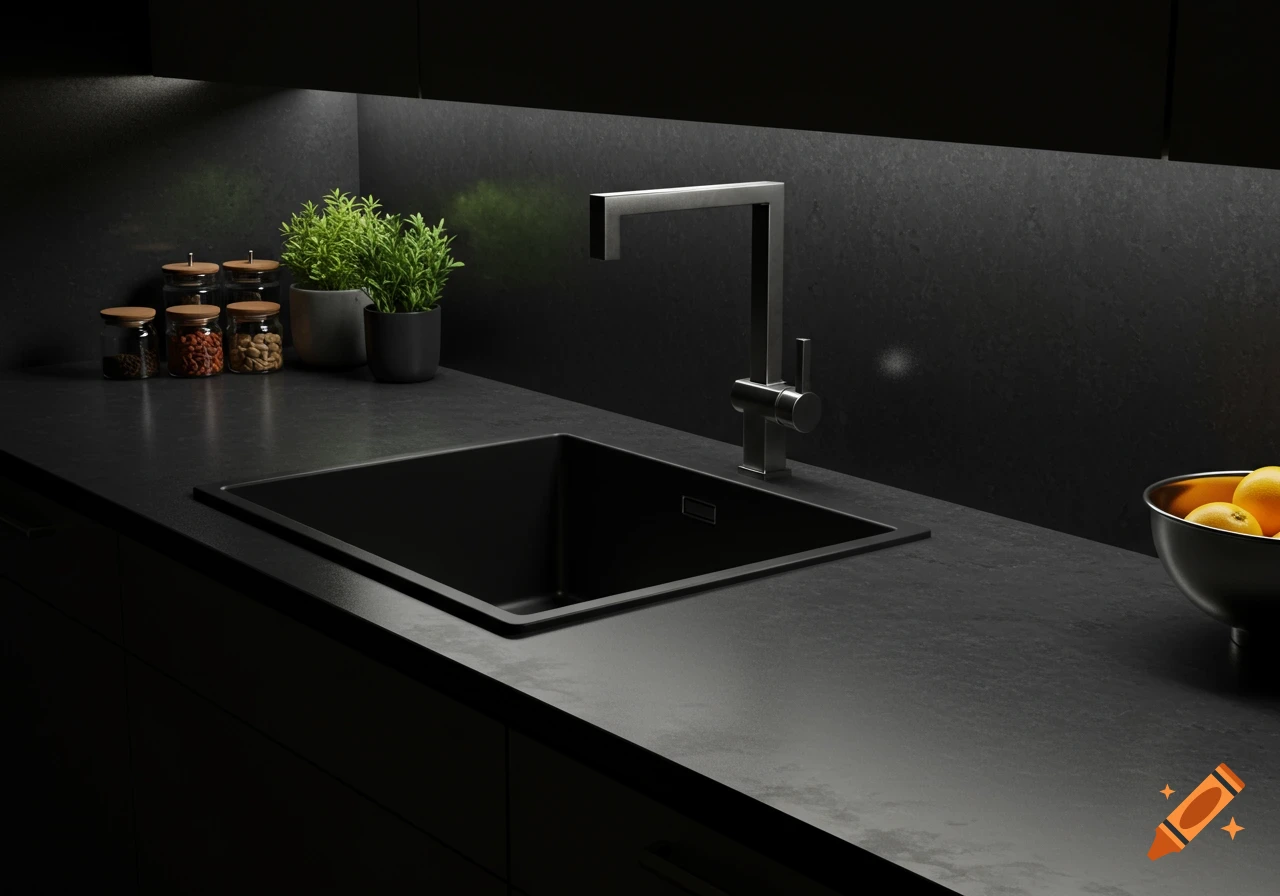 A modern kitchen countertop with a black sink, a square-shaped faucet, and a bowl of oranges and potted plants.