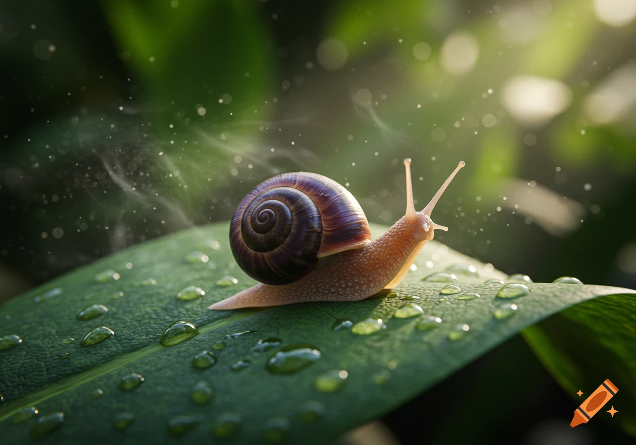 A close-up, photorealistic image of a snail with a purple and brown shell crawling on a wet green leaf with glistening water droplets and bokeh lights.