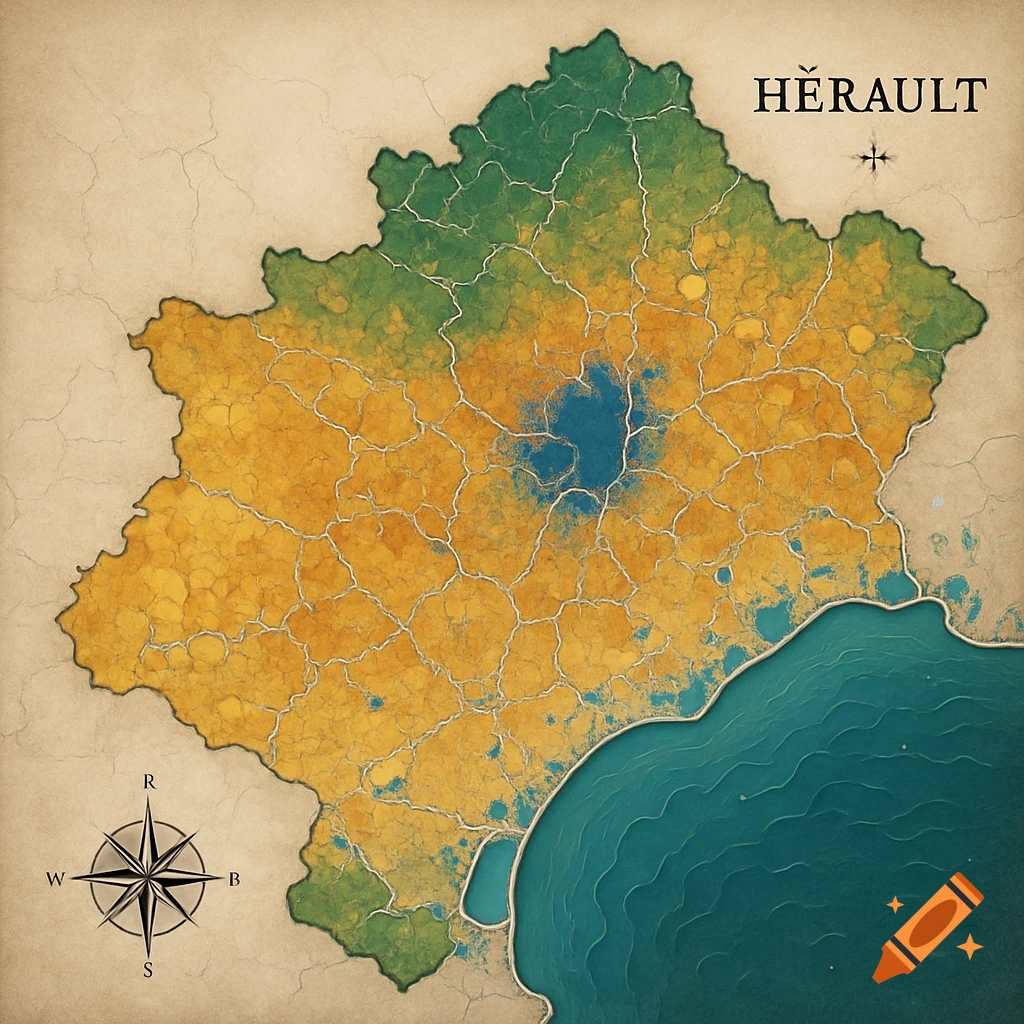 A stylized map of the Hérault department in France, featuring a cracked texture, green and yellow land masses, and blue coastal waters. The name "HÉRAULT" is at the top right, with a compass rose at the bottom left.