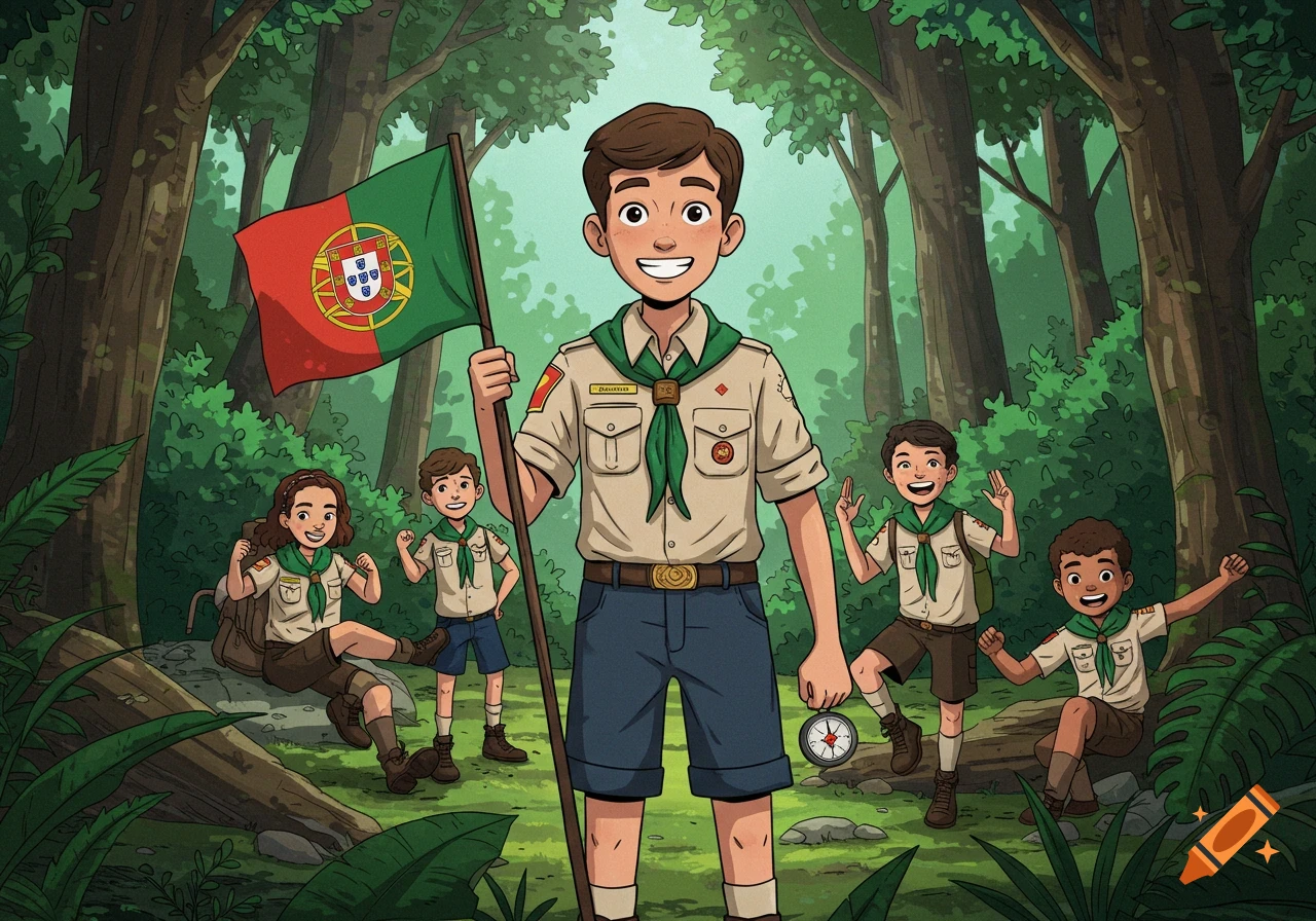 Cartoon of smiling Portuguese scouts in uniforms in a forest, with a leader holding a flag and compass.