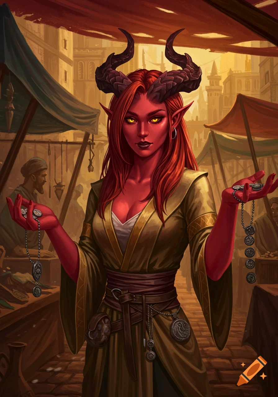 D&D style illustration of a red-skinned tiefling woman with horns and yellow eyes, holding trinkets and coins in a medieval market.