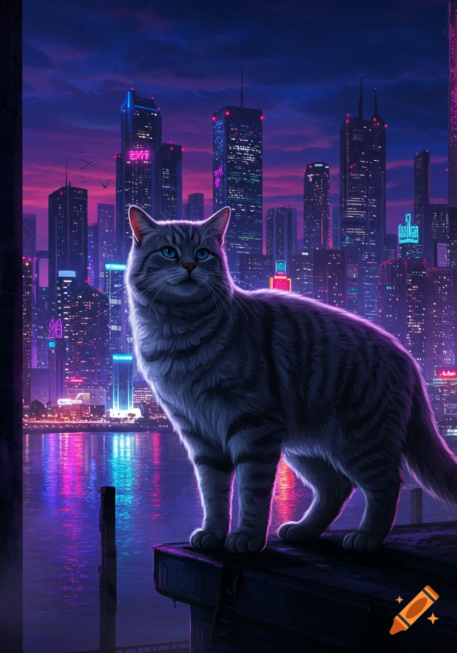 A grey tabby cat with blue eyes stands on a ledge overlooking a neon-lit futuristic cityscape at dusk, reflected in the water below.