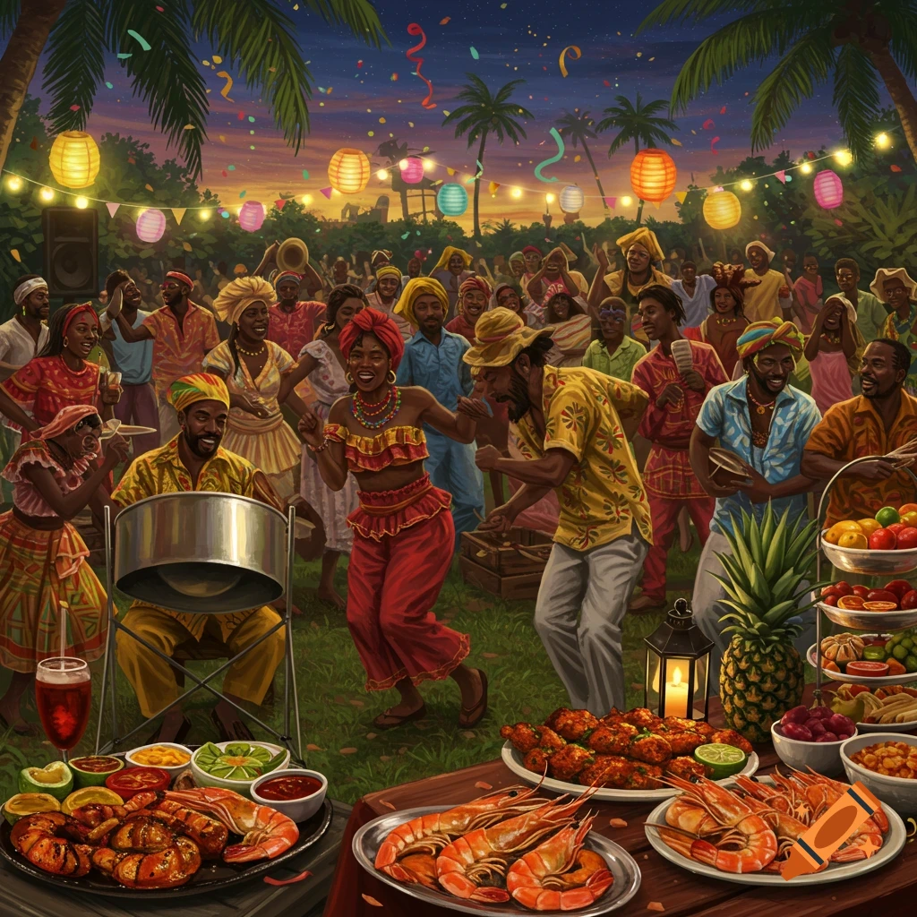 Vibrant illustration of a Trinidadian-style outdoor night party with people dancing to a steelpan drum, surrounded by palm trees, confetti, and a feast of food.