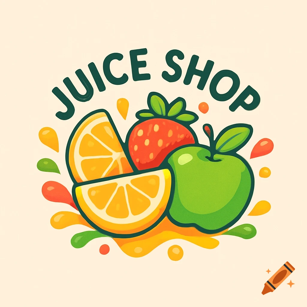 Colorful cartoon logo for 'Juice Shop' with orange slices, strawberry, apple, and juice splashes.