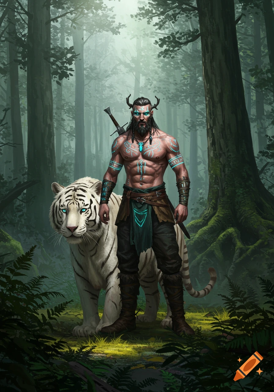 A tattooed man with horns and a white tiger stand in a mystical forest, digital painting.