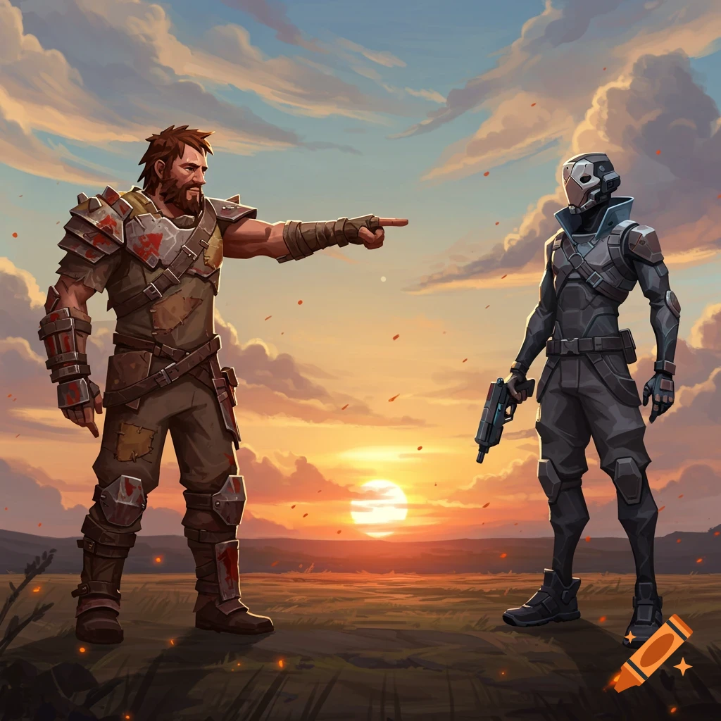 A bearded warrior points at a futuristic soldier holding a pistol, against a sunset in a stylized, video game art style.