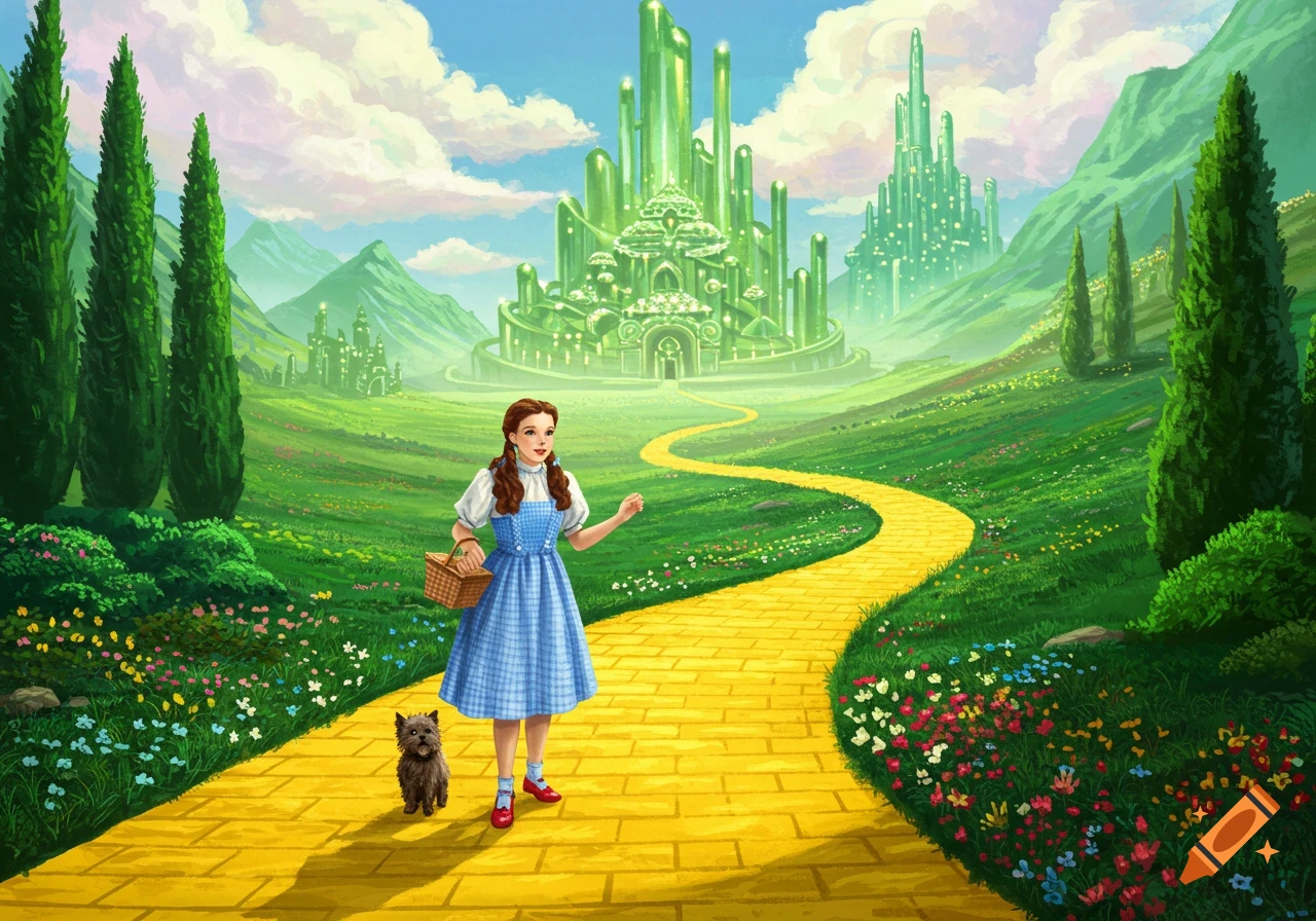 Dorothy and Toto walk the yellow brick road toward the shimmering Emerald City in a vibrant illustration.