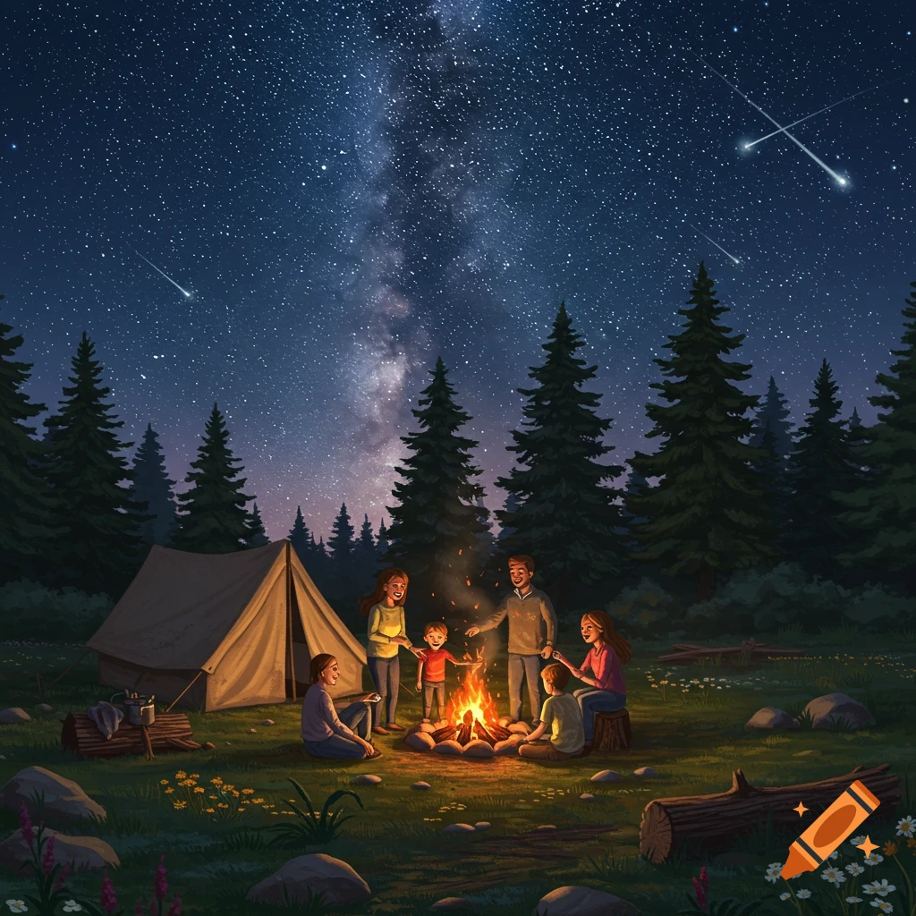An illustration of a family camping around a campfire in a forest under a starry night sky with the Milky Way visible.