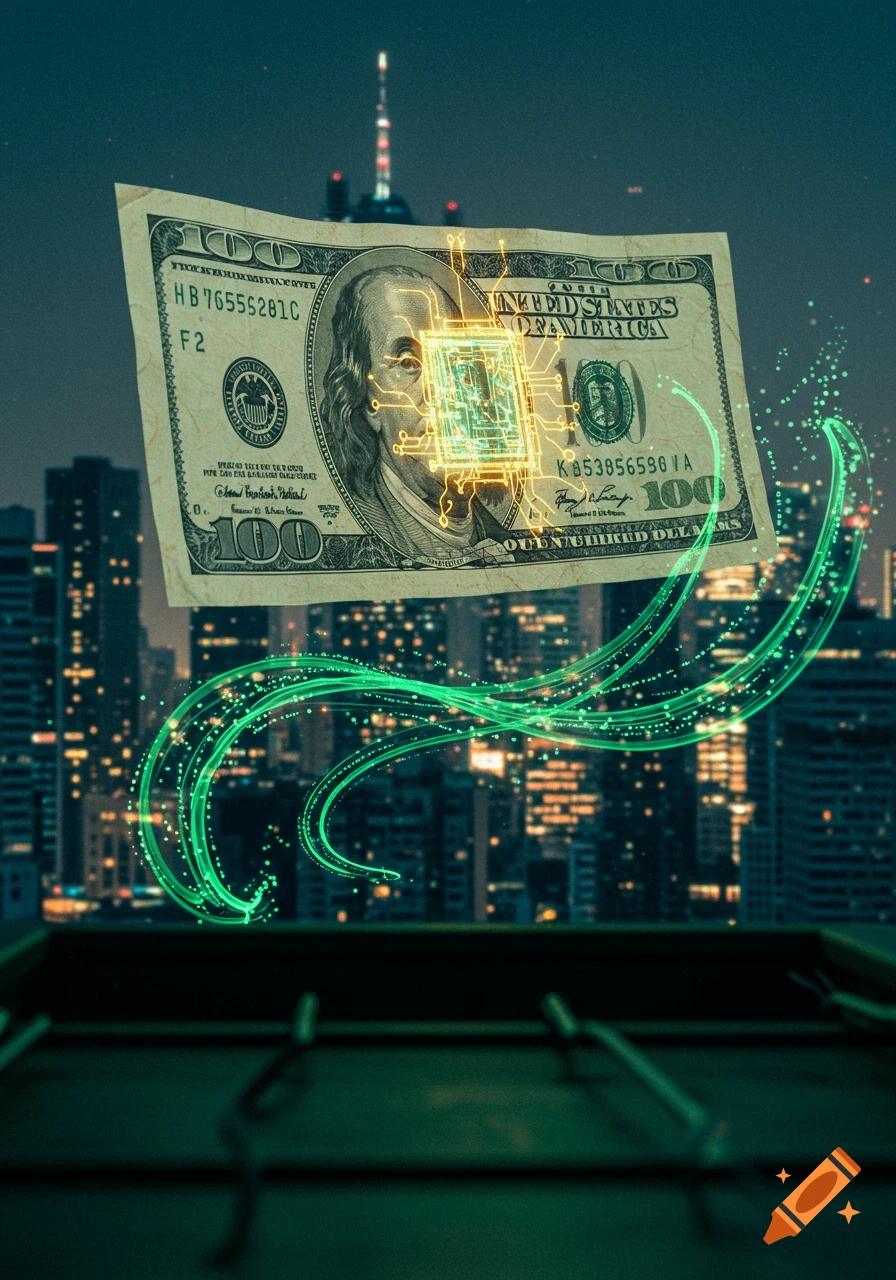 A hundred-dollar bill with a glowing green circuit board overlayed on Benjamin Franklin's face, set against a blurred city skyline at night with green light trails.
