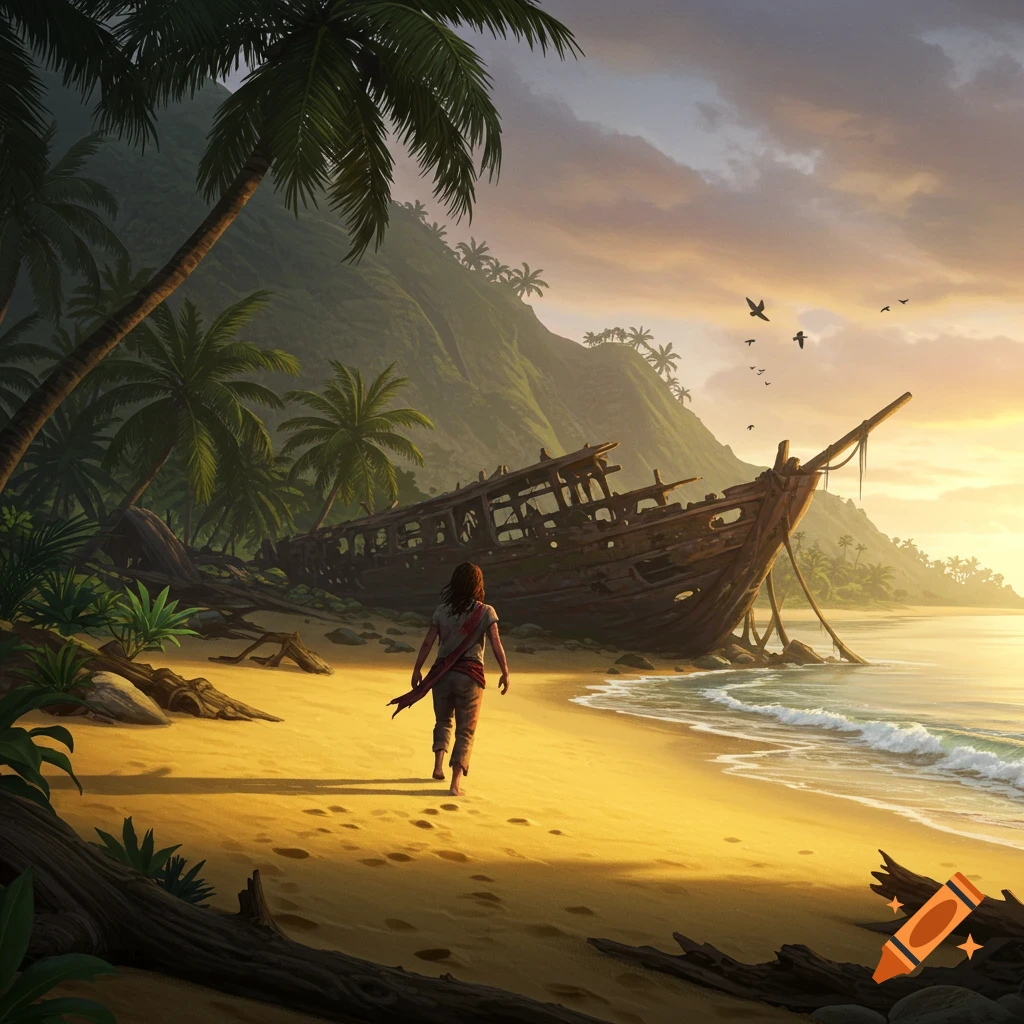 A lone figure walks barefoot on a sunlit tropical beach towards a large wooden shipwreck, with lush green mountains and palm trees.