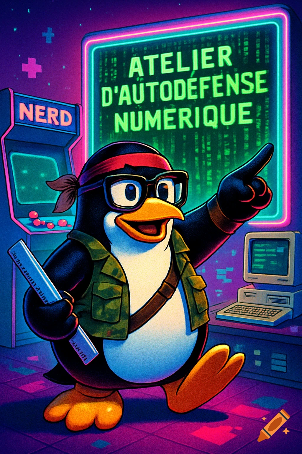 A cartoon Linux penguin (Tux) in a Rambo outfit and glasses, holding a ruler and pointing at a neon screen displaying "ATELIER D'AUTODEFENSE NUMERIQUE" in a retro 80s arcade setting.