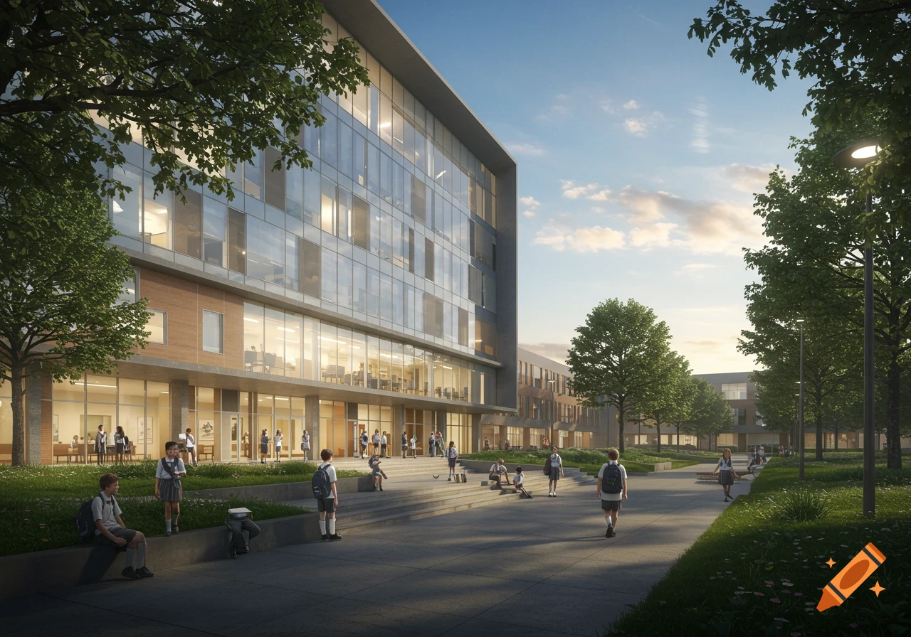 A modern school building with glass windows, trees, and green lawns, with students in uniforms walking and sitting outside on a sunny day.