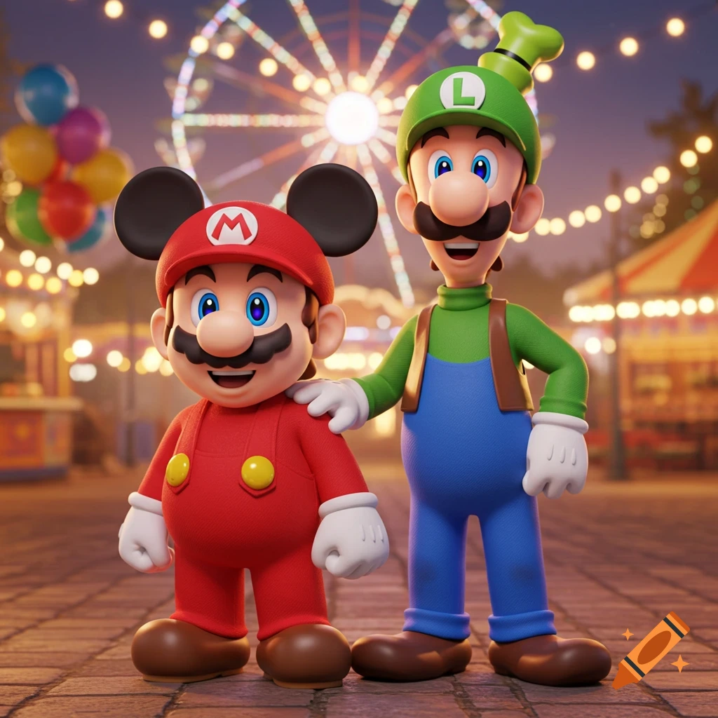 Mario in a Mickey Mouse outfit and Luigi in a Goofy outfit smile at a festive carnival with a Ferris wheel.