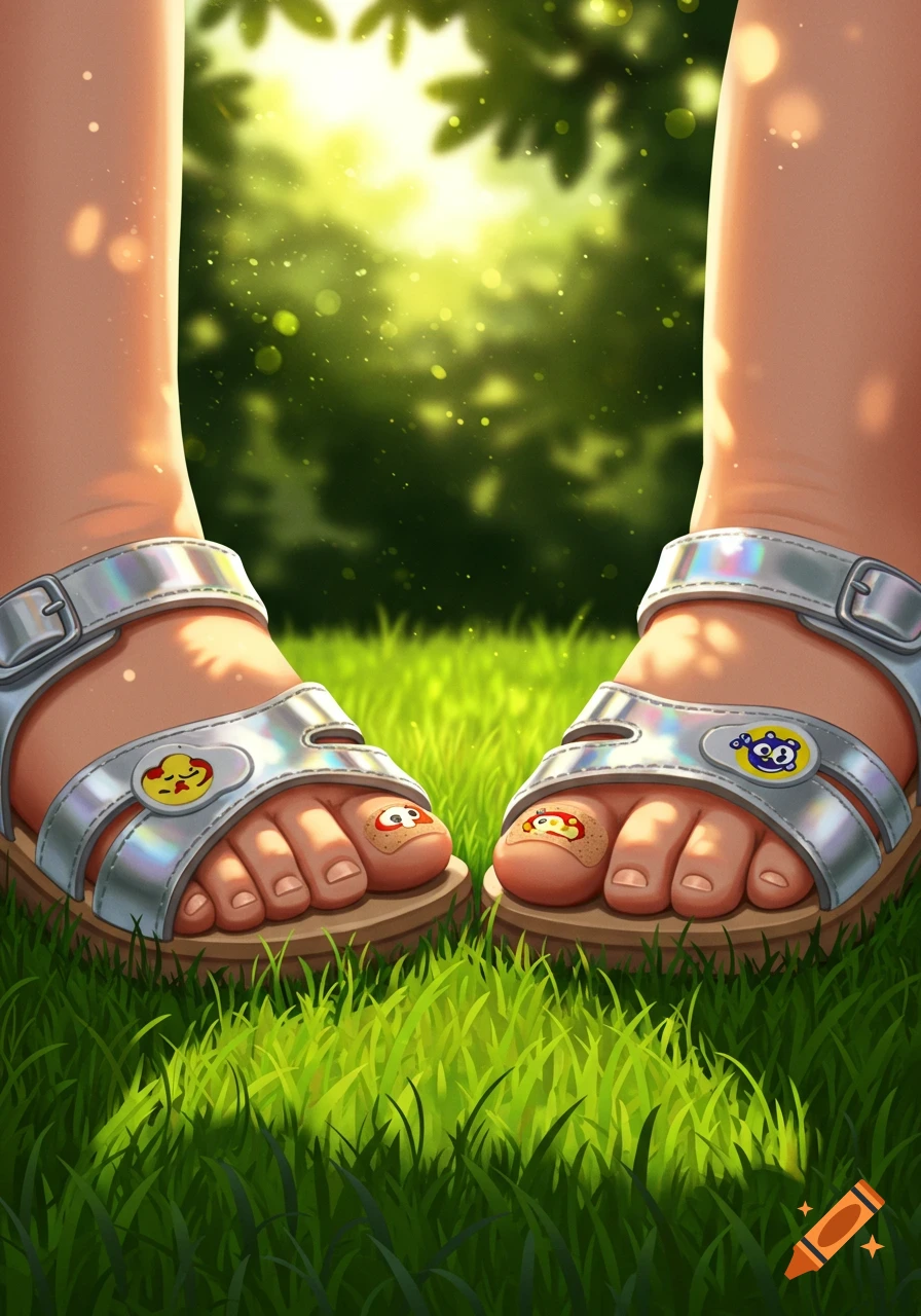 Close-up illustration of two children's feet in silver sandals standing on green grass with band-aids on their big toes, under dappled sunlight.