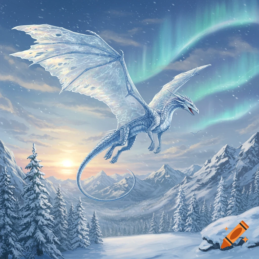 A white ice dragon with translucent wings flies over a snowy mountain range, with green aurora and sunset in the sky.