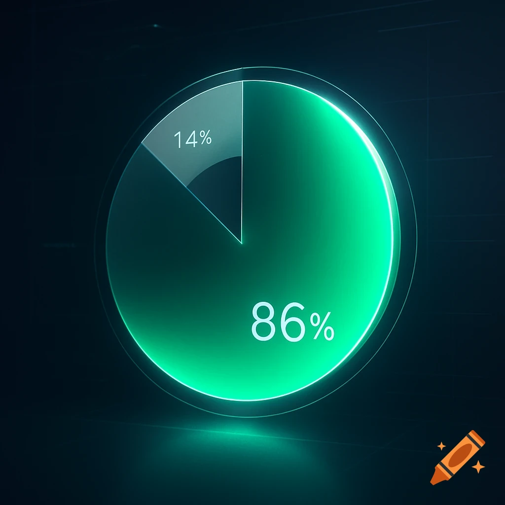 A glowing green and gray pie chart showing 86% and 14% on a dark, technical background.