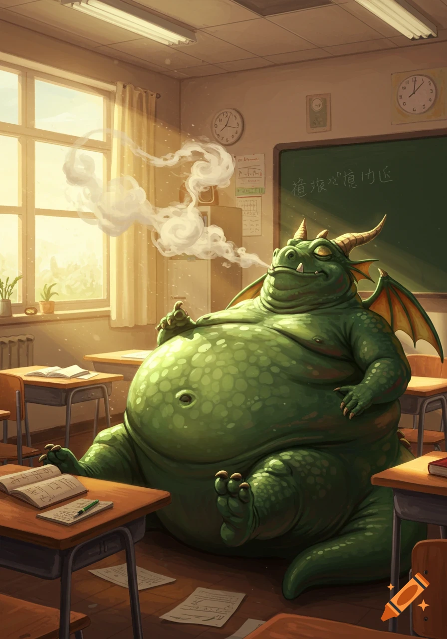 An obese green cartoon dragon with small wings lounges in a sunlit classroom, smoking, with open books on desks.