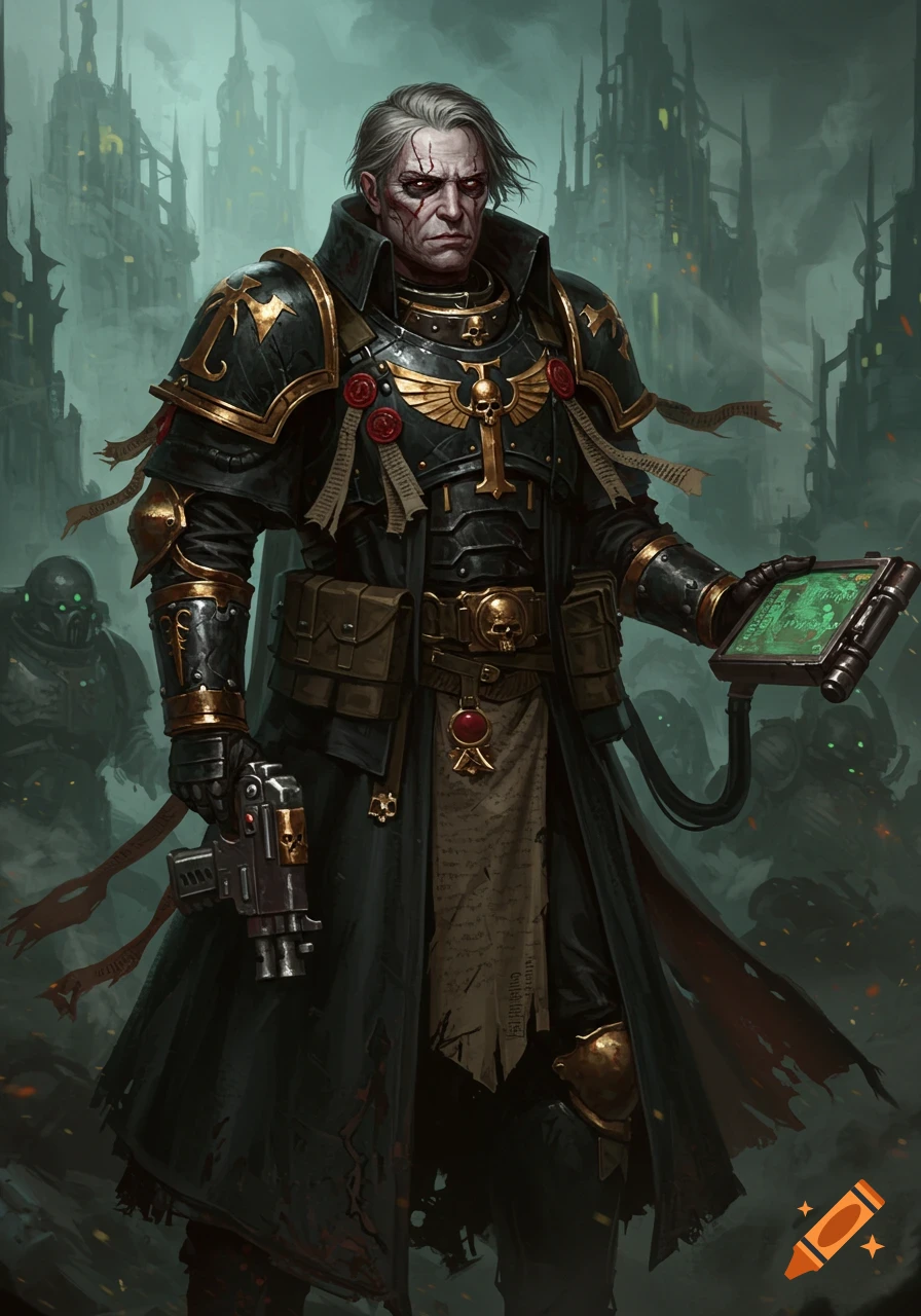 An Inquisitor in black armor with golden emblems and a long coat stands in a grim hive city, holding a bolt pistol and a data-slate.