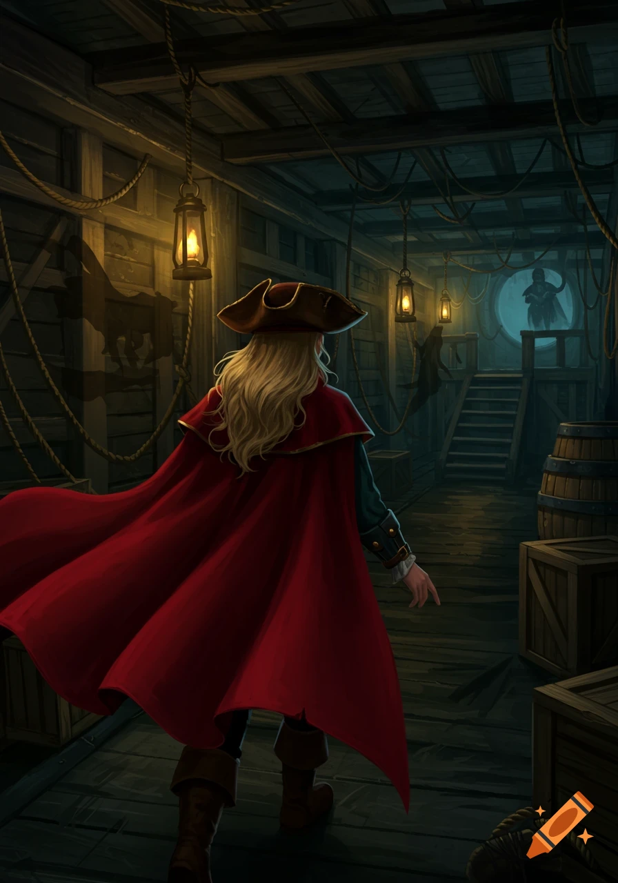 A blonde pirate captain in a red cloak and hat walks through a dimly lit, spooky ship hull, towards a silhouetted figure in an opening.