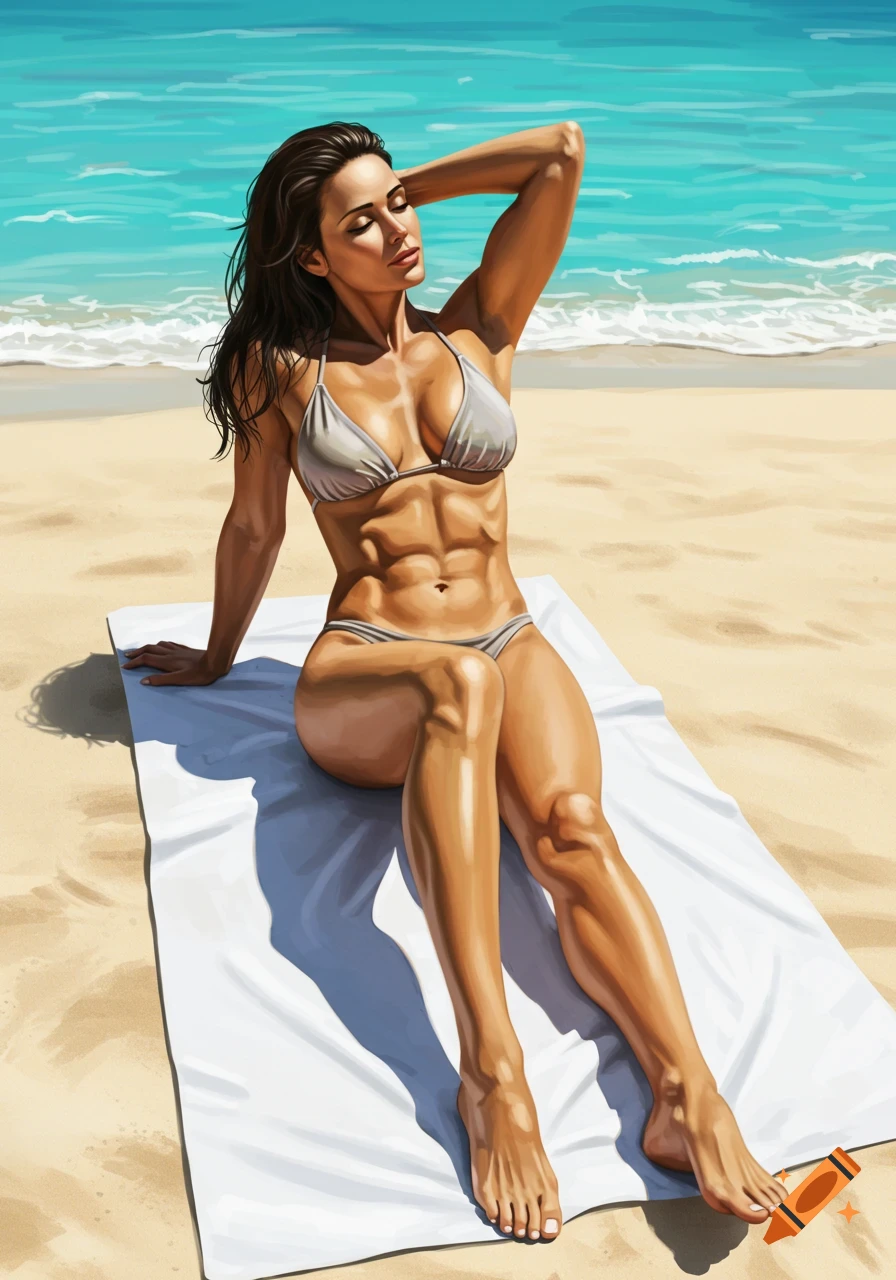 Athletic brunette woman sunbathes on a white towel at the beach, with blue ocean in the background, in an illustrative style.