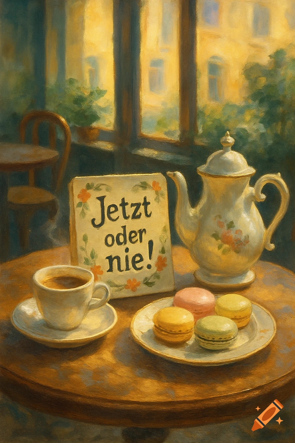 Painterly scene of a cafe table with a coffee cup, teapot, colorful macarons, and a sign reading "Jetzt oder nie!"