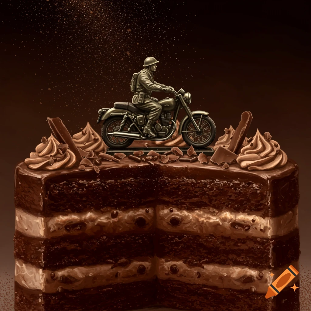A sliced chocolate fudge cake with buttercream icing, topped with a detailed army man figurine on a motorcycle.