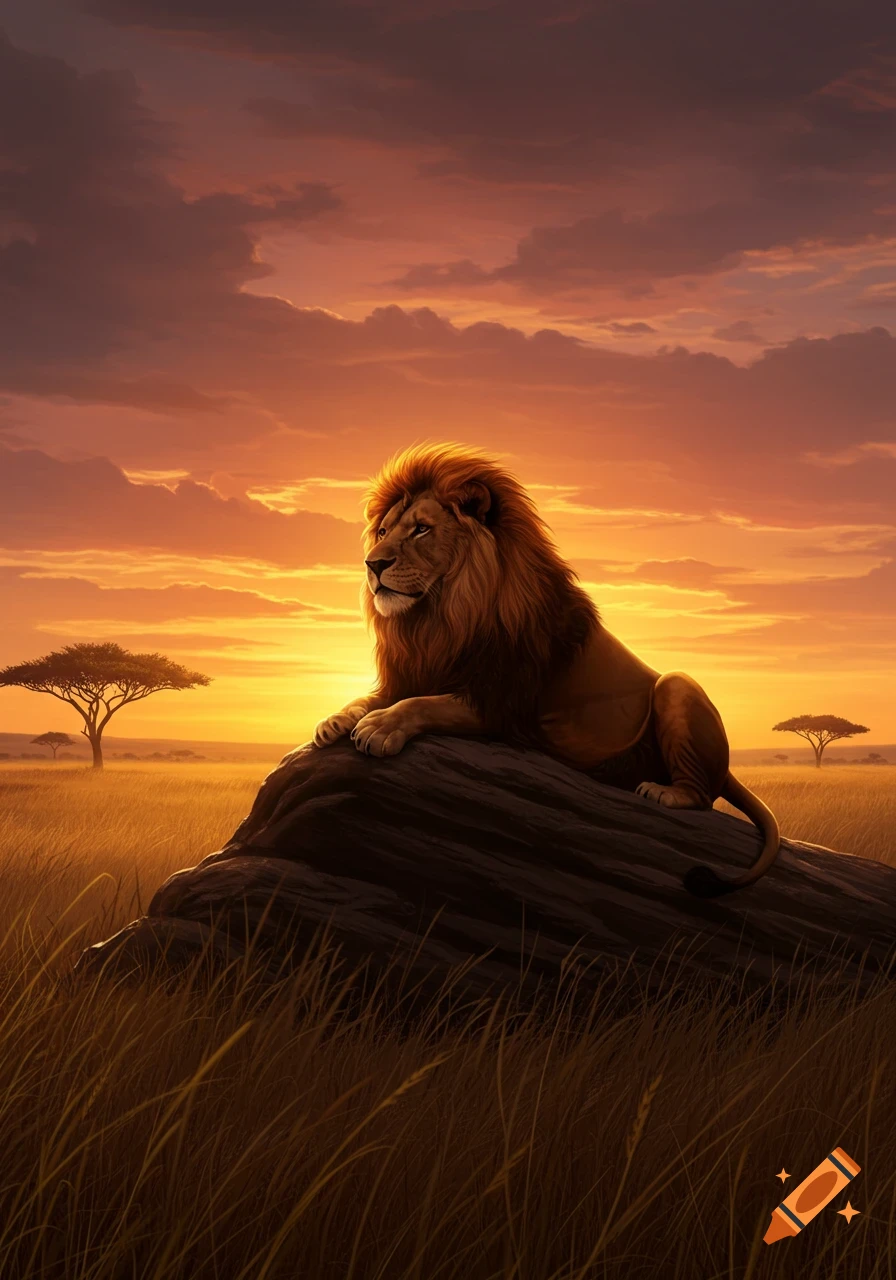 A majestic lion with a golden mane rests on a large rock in an African savanna at sunset, with acacia trees in the distance.