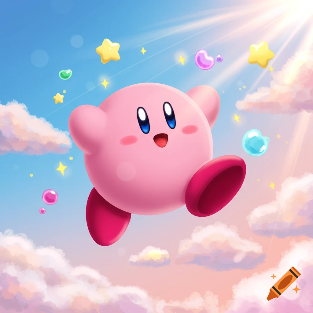 Pink Kirby floating happily in a bright, cloud-filled sky with stars and bubbles, in a cute cartoon style.