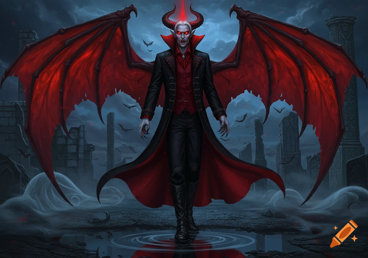A powerful demon vampire with glowing red eyes, horns, and huge red wings stands in a misty, ruined landscape at night.