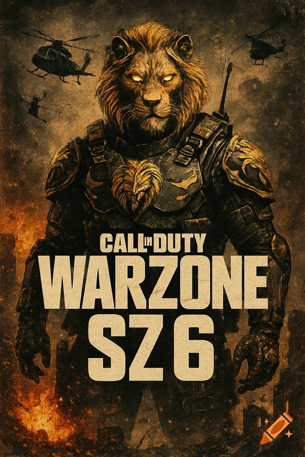 A lion-headed operator in advanced tech-spec ops armor with golden lion motifs stands against a war-torn background with helicopters and explosions. The text "CALL 'IN DUTY WARZONE SZ6" is prominently displayed.