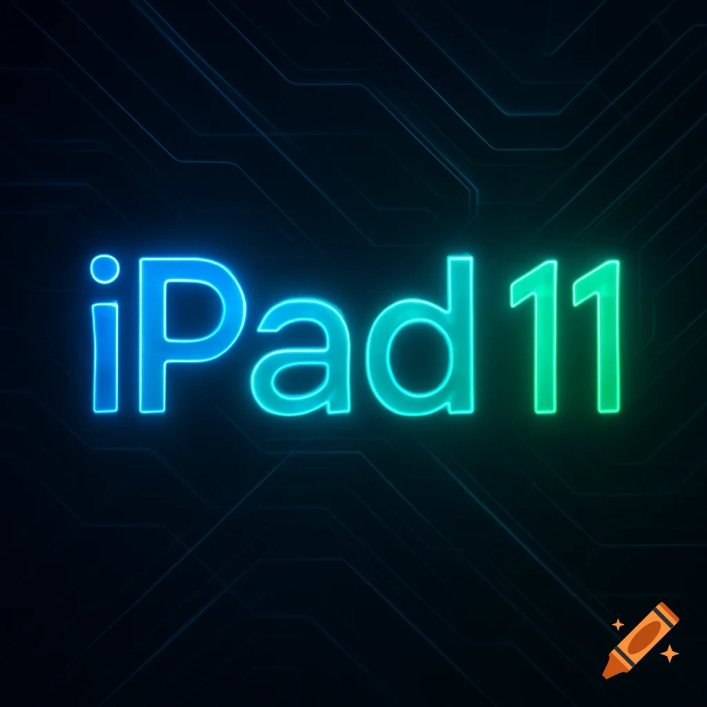 Neon blue 'iPad' and green '11' glowing text on a dark, circuit-patterned background.
