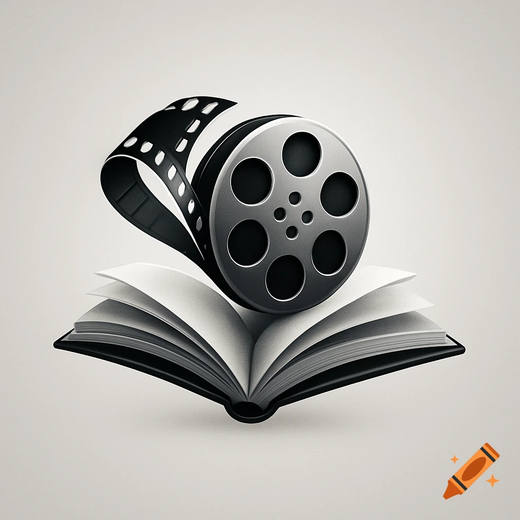 A grayscale graphic logo of a film reel with film strip rotating above an open book.